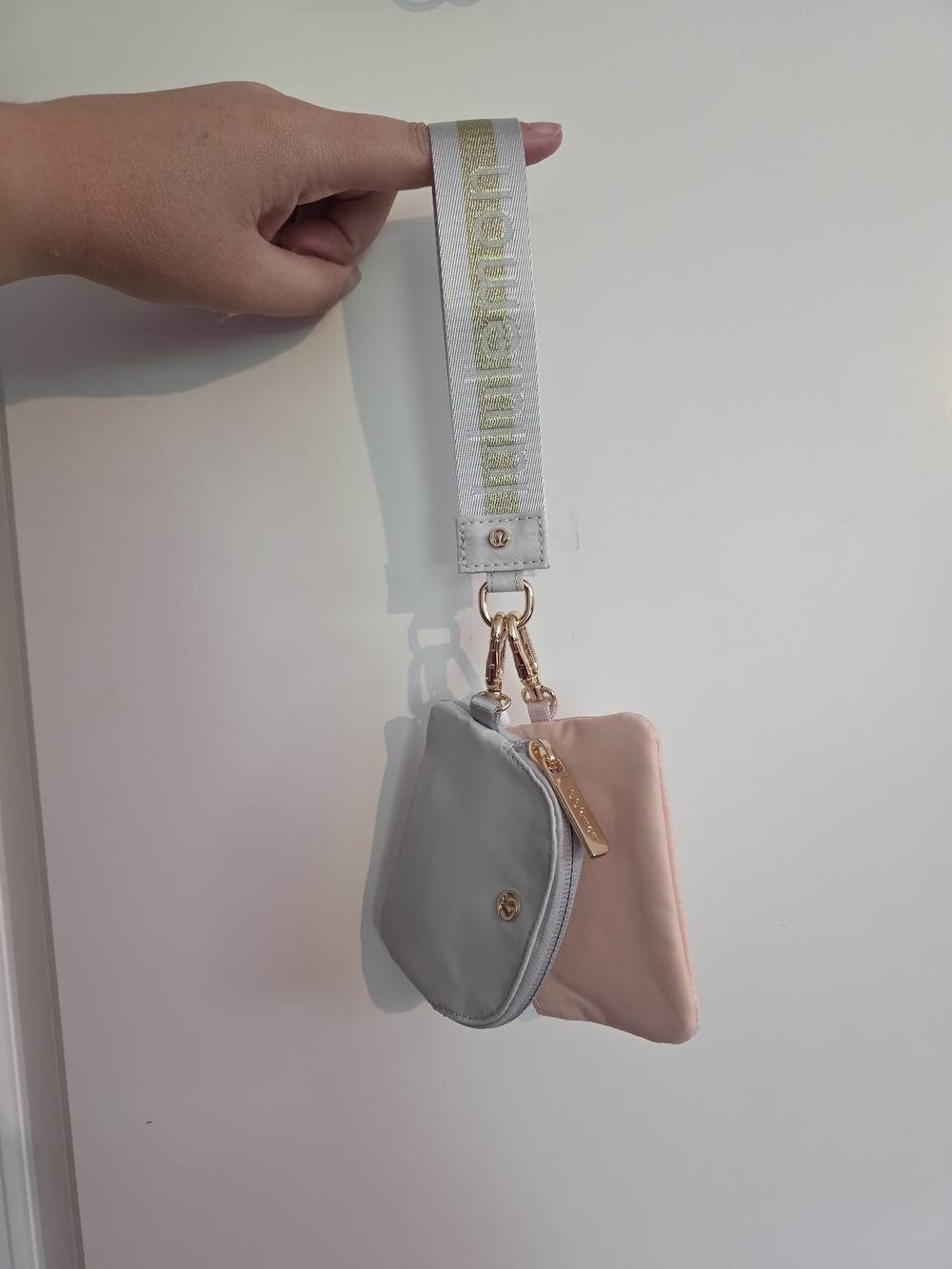 Lululemon Dual Wrist Pouch in Light Gray & Blush with Gold Hardware